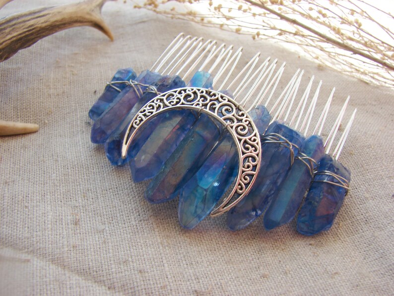 Dark Blue Titanium Quartz raw Crystal Crescent Moon hair pin side comb wiccan Bridal Crown Tiara Wedding veil witch goth jewelry