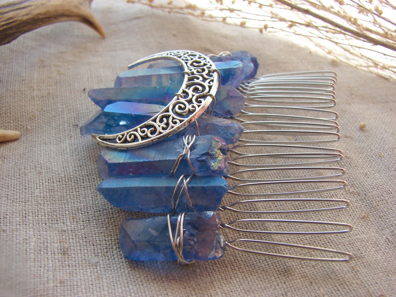 Dark Blue Titanium Quartz raw Crystal Crescent Moon hair pin side comb wiccan Bridal Crown Tiara Wedding veil witch goth jewelry