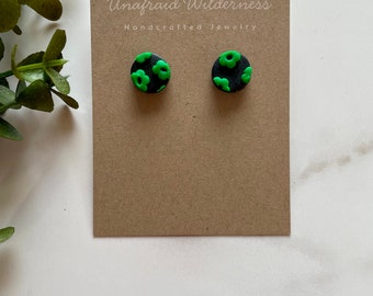 Handmade Polymer Clay Earrings,  Black with Green Floral Design, Chic Stud Earrings for Everyday Wear
