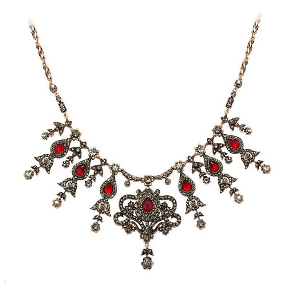 Turc fait main argent Sterling 925 rubis et émeraude pendentif