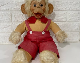 Gund Vintage Chimpanzee Rubber Face Plush Stuffed Animal Red Overalls Monkey