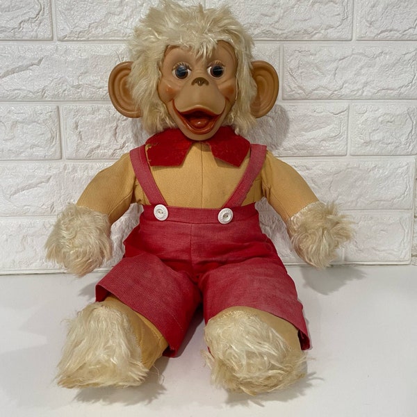 Gund Vintage Chimpanzee Rubber Face Plush Stuffed Animal Red Overalls Monkey