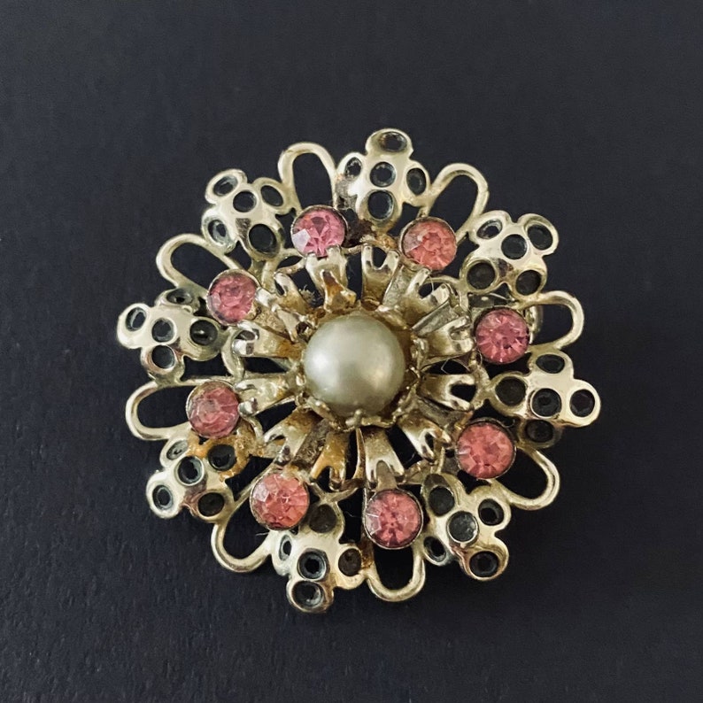 Vintage Brooch Estate Jewelry Silver Toned Faux Pearl Pink image 1