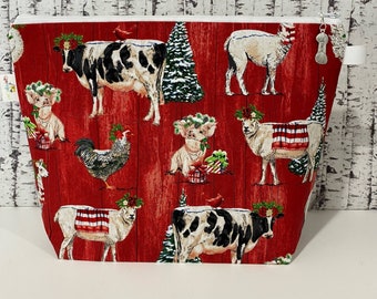 Christmas Knitting Project Bag Farm Animals Sheep Notions Pouch Yarn Tote