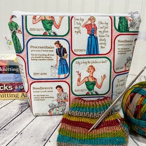 Small knitting, crochet or notions bag. Knitting Project bag for sock knitting. Zippered bag featuring vintage ladies for craft projects.