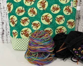 Christmas Knitting Project Bag Green Reindeer Holiday Crochet Notions Pouch