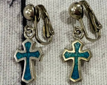 Southwestern Turquoise Silver Earrings Vintage Marked E G C '90 Cross Clip On