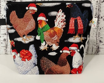 Christmas Chicken Small Knitting Project Bag Sock Sack Craft Tote Notions Pouch