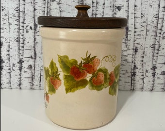 Vintage Strawberry Kitchen Canister Cookie Jar Wood Lid Signed Rustic Cottage