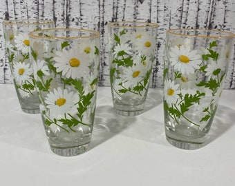 Vintage Libbey 6" White Daisy Tumblers Glasses Set of 4 MCM Yellow Rims Retro