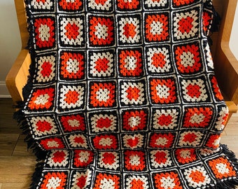 Vintage Handmade Granny Square Crochet Blanket Throw Black Orange Halloween