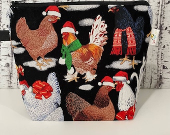 Christmas Chicken Small Knitting Project Bag Sock Sack Craft Tote Notions Pouch
