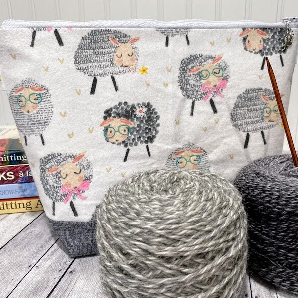 Knitting bag with sheep for yarn projects such as knitting or crochet. Knitting Project bag with a zipper also for crochet , cross stitch