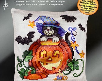 Halloween Cross Stitch Kit Janlynn Spooky Kitty Pillow Picture Big Stitch NEW