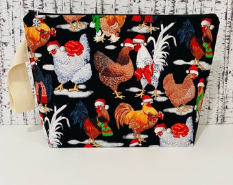 Large Knitting Project Bag Zipper Pouch Yarn Tote Christmas Holiday Chickens