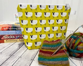 Small Knitting Project Bag, Sock Project bag, Crochet bag, Project Bag Zipper, Sheep Knitting Bag, Sheep Project Bag, Knitting Bag Zipper