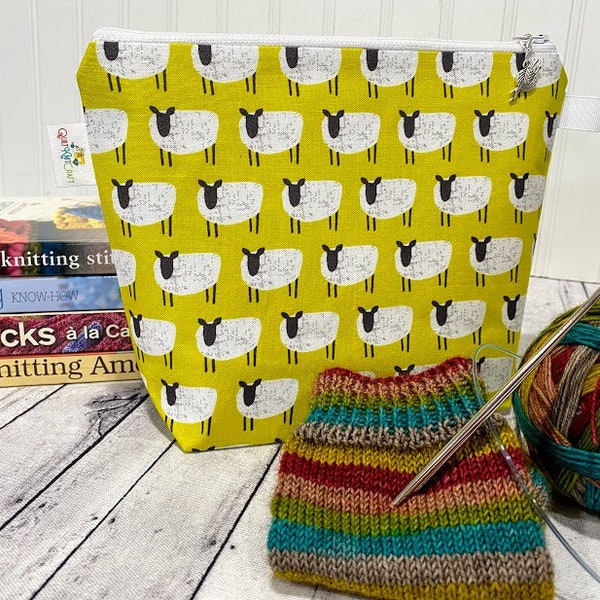 Small Knitting Project Bag, Sock Project bag, Crochet bag, Project Bag Zipper, Sheep Knitting Bag, Sheep Project Bag, Knitting Bag Zipper