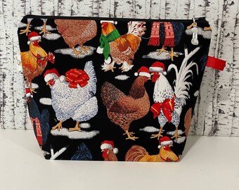 Christmas Knitting Project Bag Chickens Holiday Zipper Pouch Notions Yarn Tote