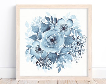 Indigo Watercolor Florals, Watercolor Painting, Original Art, Minimalistic Art, Home Decor, Floral paintings, Art Collectibles