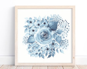 Indigo Watercolor Florals, Watercolor Painting, Original Art, Minimalistic Art, Home Decor, Floral paintings, Art Collectibles, Blue Florals