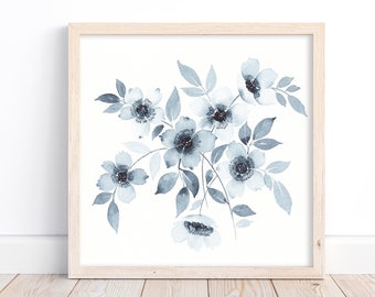 Indigo Watercolor Florals, Watercolor Painting, Original Art, Minimalistic Art, Home Decor, Floral paintings, Art Collectibles, Blue Florals