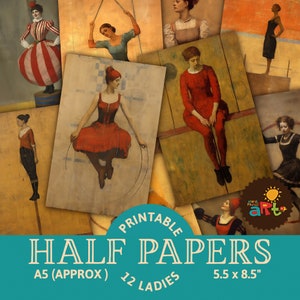 Lady Performer Portrait Collage Printable Junk Journal Half Papers, Acrobat, Gymnast