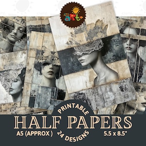 Medley of Textures Portrait Collage Junk Journal Halbes Papier Printable Vintage Hintergrund Scrapbook Digital Kit Card Book Texture Jewelry Art