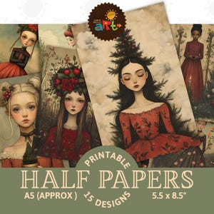 Retratos ilustrados surreais de Natal, papel para impressão, lixo, diário, metade de papéis, kit de página digital para scrapbook, cartão, livro, fundo, decoupage