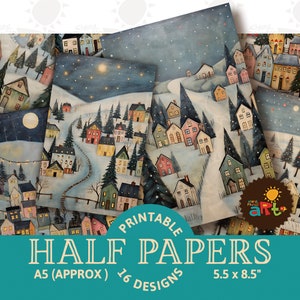 Caprichoso Natal Village Folk Art Paper Collage Printable Junk Journal Metade de papéis, Scrapbook, Kit de papel digital para cartão, Artesanato, Página de livro