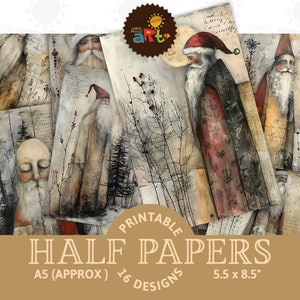 Collage di arte popolare di Babbo Natale stilizzato rustico, stampabile, diario di spazzatura, sfondo di mezza carta, album di ritagli, biglietti di artigianato, libro di decoupage, uso commerciale