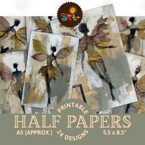 May include: A set of printable half papers showcasing abstract art of fairy-like figures with leaf wings. The artwork uses muted tones of beige, brown, and grey. Each paper measures approximately 14 x 21.6 cm.