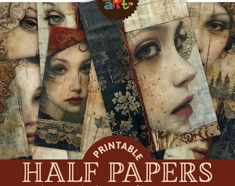Könnte beinhalten: Druckbare digitale Collage-Blätter mit 16 Designs von Vintage-inspirierten Porträts mit einer verwitterten, geschichteten Ästhetik. Die Blätter sind im Format A5 (ca. 5,5 x 8,5 Zoll).
