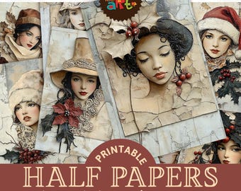 Puede incluir: Paquete de papel digital imprimible con 20 diseños que presentan rostros de mujeres en varios estilos. Los diseños son de estilo vintage con un fondo texturizado. El paquete de papel es A5 (aprox.) y 5,5 x 8,5 pulgadas.
