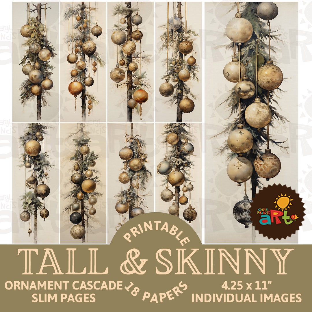 Gold and Cream Christmas Ornament Printable Tall Slim Junk Journal Papers for Book Making