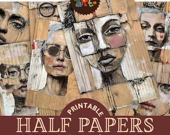Retrato artístico abstracto de cartón ensamblado sobre collage efímero, imprimible, diario basura, medio papel, álbum de recortes, tarjeta de manualidades, libro de decoupage