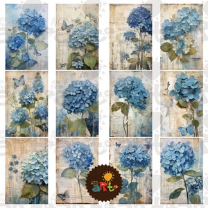 Blue Hydrangea Printable Junk Journal Half Papers, Floral Art on ...