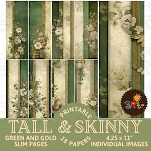 Formelle Gold und Grün bedruckbare hohe, schmale Junk Journal Papiere für Buchherstellung, Basteln, Scrapbooking, Collage, Blumen Digital Kit