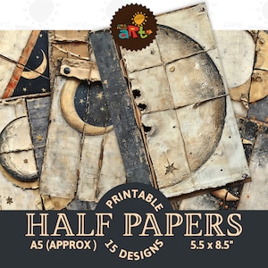Maan en sterren construeren rustiek afdrukbaar rommeljournaal half papier decoratief plakboek digitaal boekpagina achtergrond decoupage ambachtelijke kunst