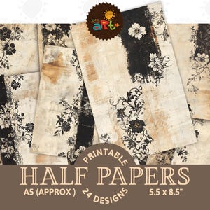 Fondo rústico imprimible con diseño floral grunge, color negro, beige y tostado, para diario basura, álbum de recortes, tarjetas digitales, manualidades, decoupage, joyería y arte