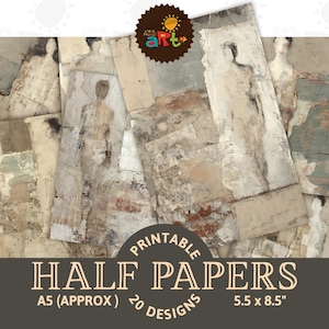 Puede incluir: Una colección de papeles a media cara imprimibles con diseños de arte abstracto. Los papeles presentan un collage de tonos neutros, incluyendo beige, gris y blanco, con figuras artísticas. El texto de la imagen dice "Printable Half Papers" y "A5 (Approx) 14 x 21.6 cm" con 20 diseños.