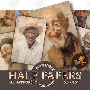 Stilisierte gemalte Porträts von Scruffy Gentlemen Collage Printable Junk Journal Hälfte Papiere, Scrapbook Seite, Karte, Kunst, Basteln, verändertes Buch