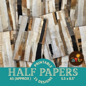 Earthtone Vertical Collaged Strips Printable Junk Journal Half Papers for Book Making, Crafting and Scrapbooking