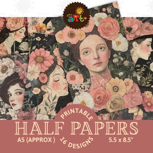 Portrait de jeune fille dans un jardin fleuri avec un journal rose sur demi-papier, fond imprimable, album artisanal, carte, page de livre de découpage numérique