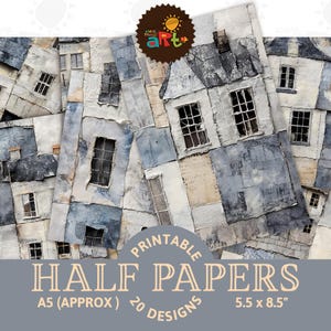 Peut inclure: Lot de papiers numériques imprimables avec 20 motifs représentant des maisons en style collage avec des tons bleus, gris et blancs. Les papiers sont au format A5 (environ) et mesurent 5,5 x 8,5 pouces.