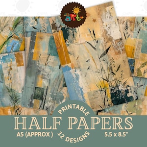 Scrubby Tall Grasses on Paper Background with Blue Printable Junk Journal Half Page Collage Scrapbook Craft Card Decoupage Book Resin Arts