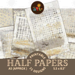 Peut inclure: Ensemble de demi-papiers imprimables avec des motifs abstraits. Les papiers présentent des textures variées, dont des motifs de points et des coups de pinceau, dans des tons neutres de blanc, gris et or. Les papiers mesurent environ 14 x 21,6 cm.