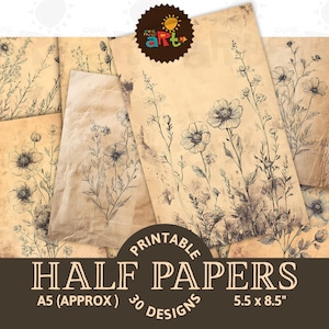 Geïllustreerd Botanisch Donker op Verouderd Beige Afdrukbare Junk Journal Half Paper Ephemera Plakboek Kit Boek Pagina Achtergrond Decoupage Craft