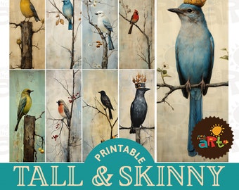 Painted Bird on Branch, Five Crowns Printable Tall Slim Junk Journal Papers for Book Making, Crafting, and Scrapbooking. Digital Paper Kit