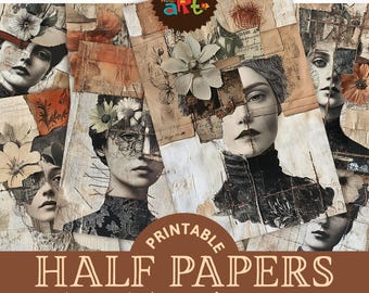 May include: Printable collage sheets featuring 12 unique designs with a vintage aesthetic. Each sheet is approximately A5 size (5.5 x 8.5 inches) and features a combination of floral elements, textured paper, and black and white portraits.