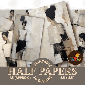 Collage de figuras abstractas pintadas a mano, imprimible, papel de diario basura, kit digital para álbum de recortes, artes, manualidades, tarjetas, página de libro, fondo